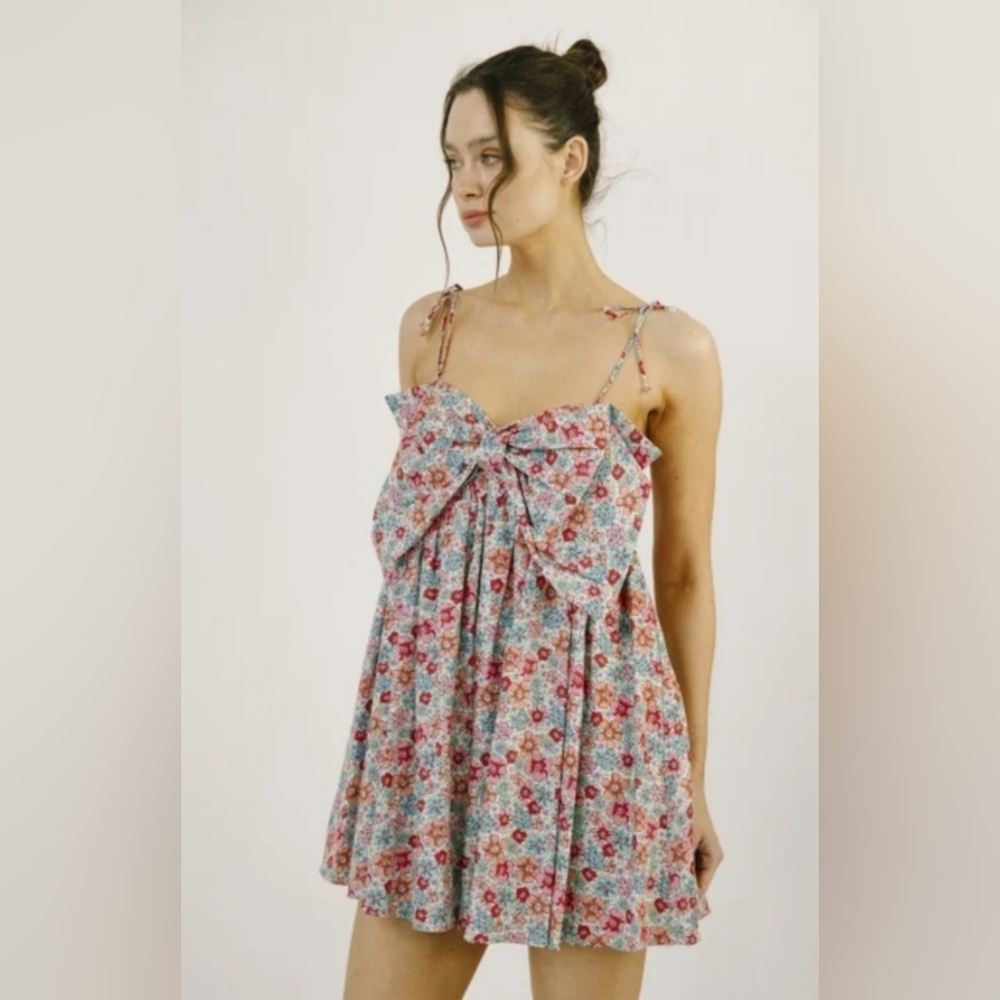 NWT Storia Floral Mini Dress with Large Bow Accent size Large